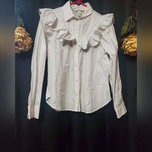 H&M White Ruffle Button Down Long Sleeve Shirt SZ SM